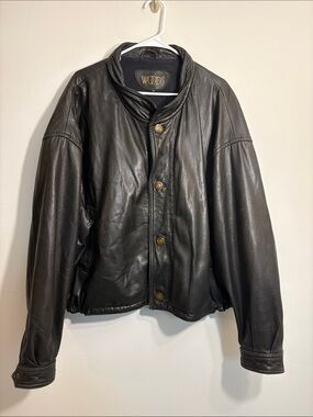 Leather black vintage bomber jacket Woods zip and button front winter coat